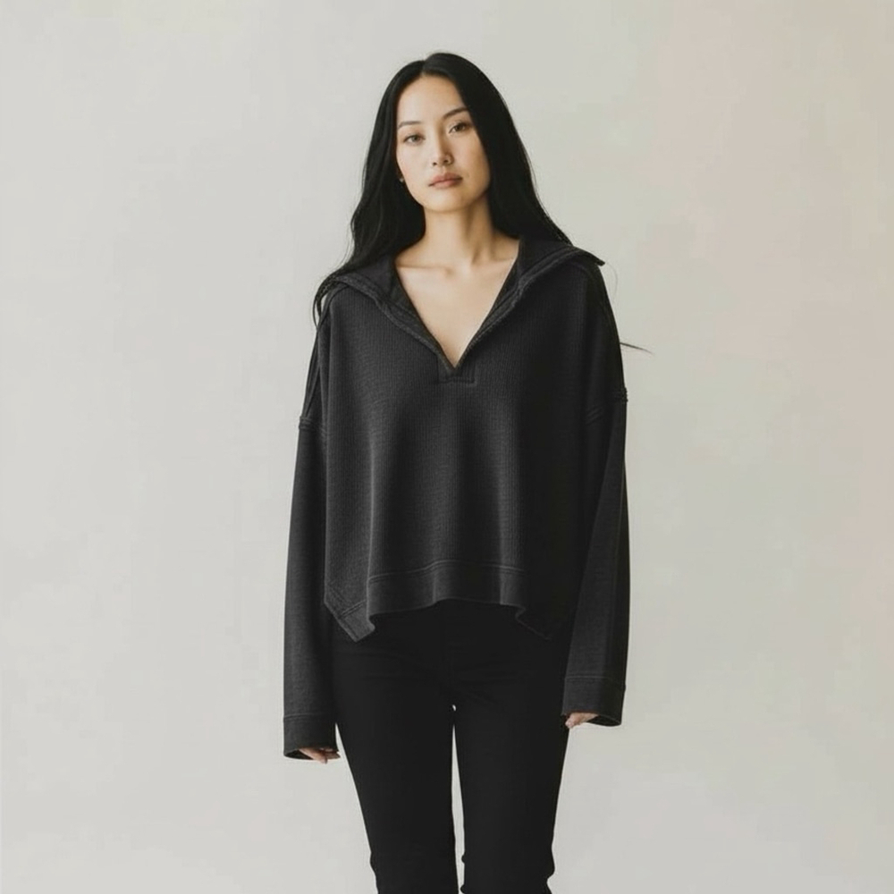 Anthropologie Saturday Sunday Waffle Knit Oversized Crop Long Sleeve Sz Medium